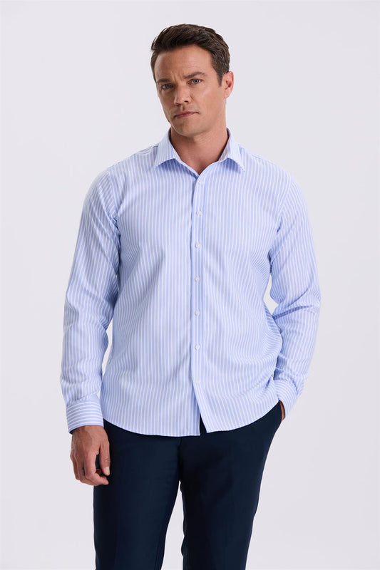 Blue White Comfort Fit 100% Cotton Striped Non Iron Shirt With No Needle