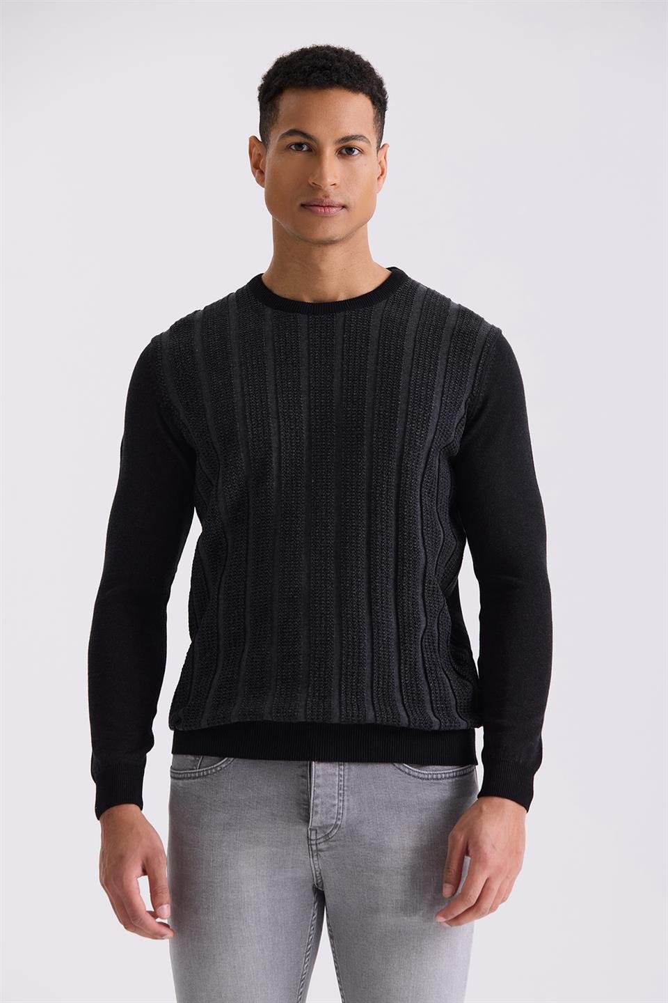 Black / Anthracite Slim Fit Round Collar Knitted Sweater With Stripe