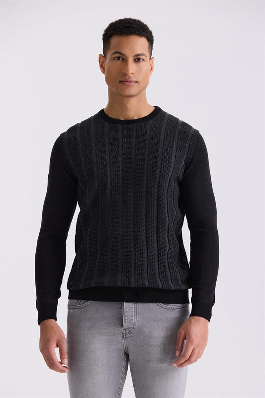 Black / Anthracite Slim Fit Round Collar Knitted Sweater With Stripe
