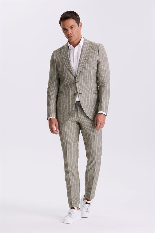 Khaki Slim Fit Squirrel Collar 100% Linen Sports Suit With A Double Tear