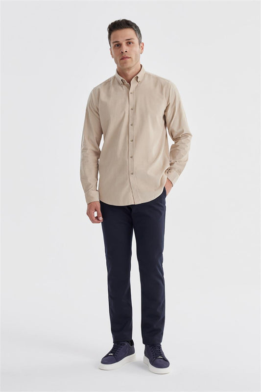 Beige Comfort Fit Buttoned Collar 100% Cotton Shirt