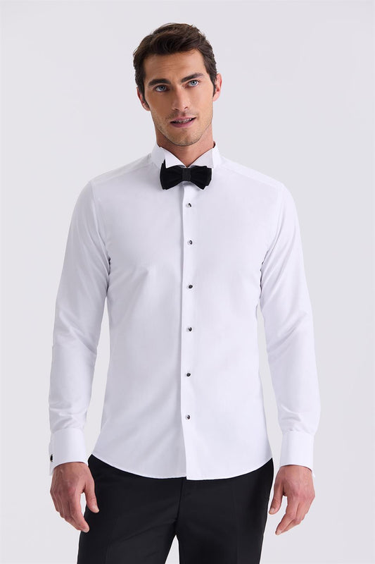 White Slim Fit Wing Collar With Double Cufflinks