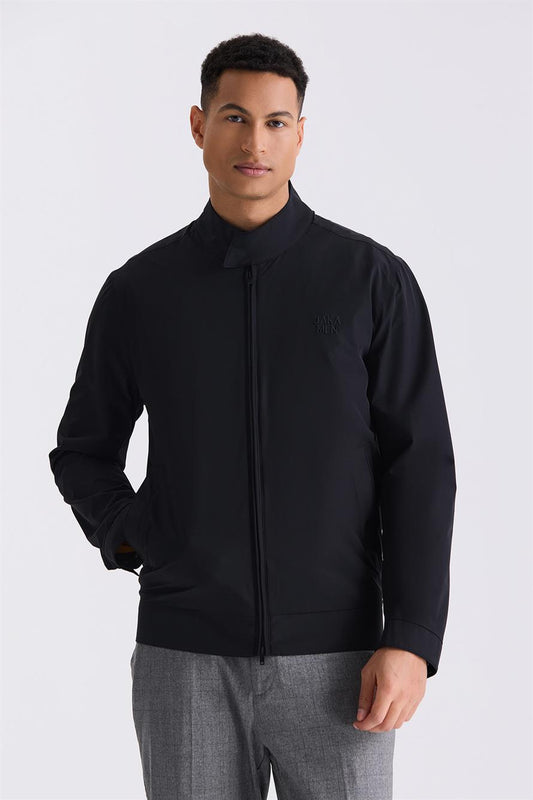 Black Comfort Fit High Collar Front Sewn Seasonal Jacket