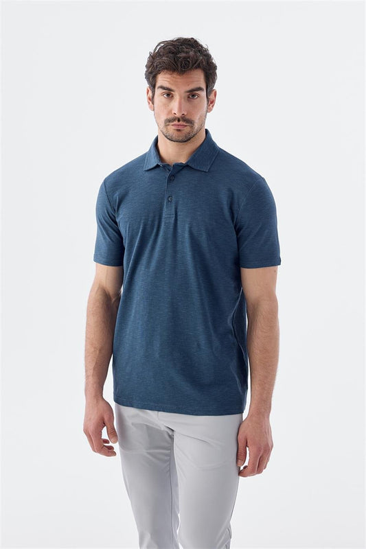 Navy Buttoned Detailed Slim Fit Polo Collar T Shirt