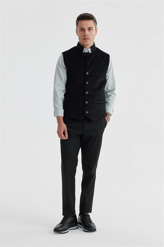 Black Judge Collar Slim Fit Vest With Two Sides