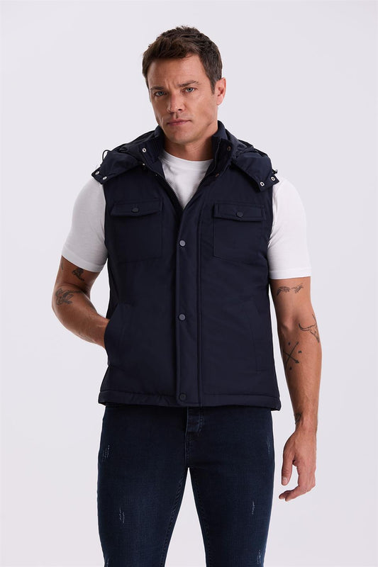 Navy Comfort Fit Pocket Hooded Comfort Cut Safari Vest