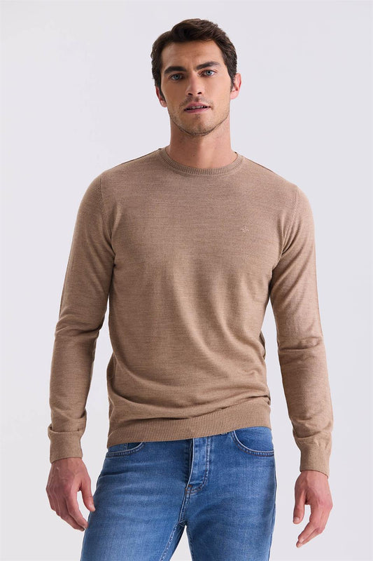 Camel Regular Fit Round Collar Knitted Sweater