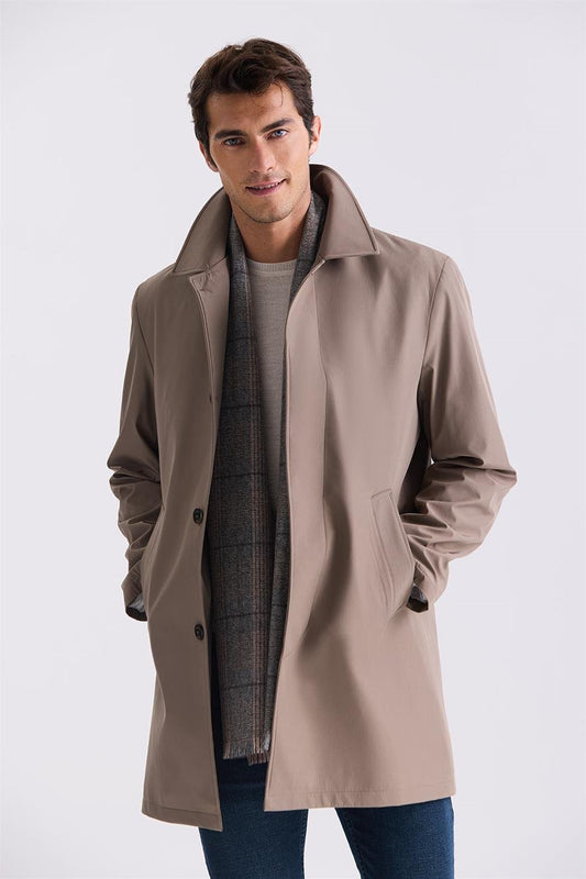Beige Comfort Fit Shirt Collar Jacket With Concealed Buttons