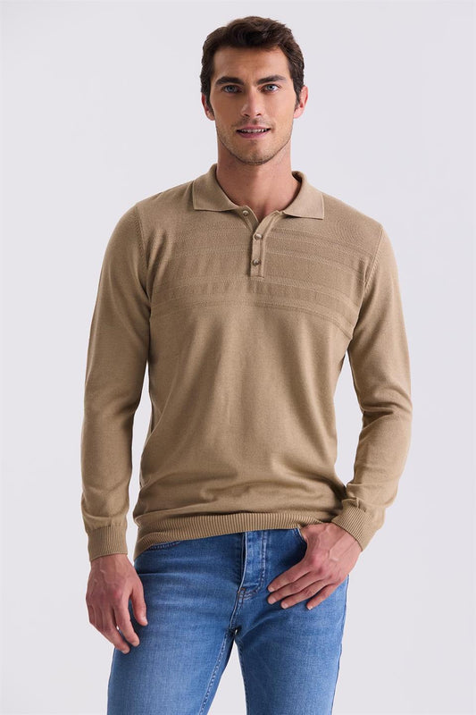 Beige Classic Fit Button Detailed Polo Collar Knitted Sweater