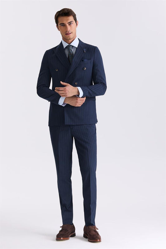 Navy Slim Fit Sharp Collar Striped Double Breasted Suit