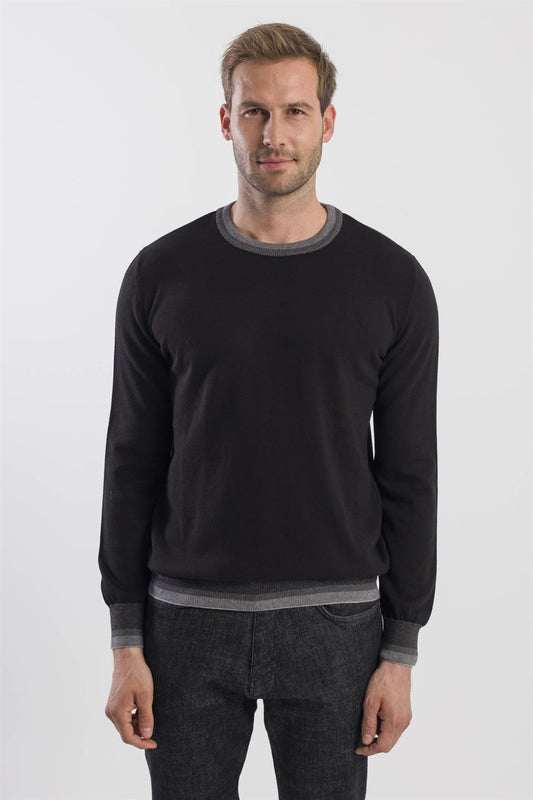 Black Slim Fit Round Collar Knit Sweater.