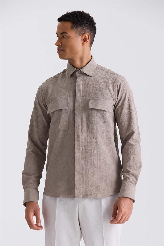 Khaki Comfort Fit Sports Shirt With Pattern