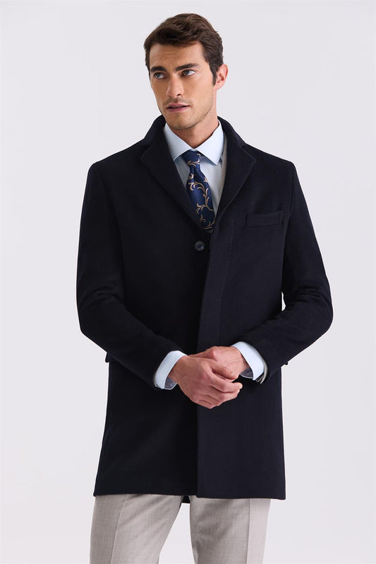 Dark Navy Regular Fit Single Collar Woolly Collared Jacket