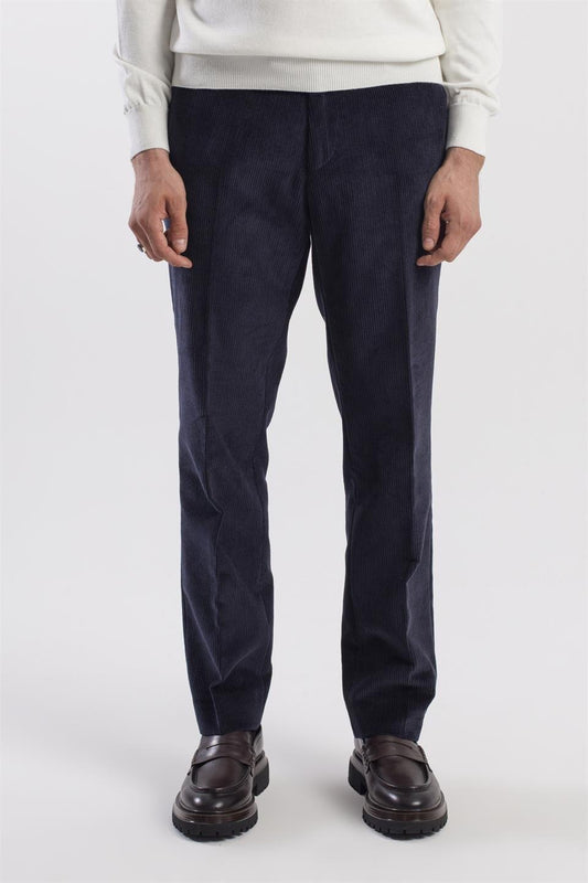 Navy Regular Fit 100% Cotton And Velvet Trousers