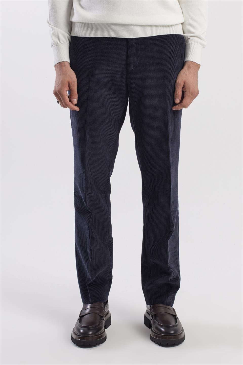 Navy Regular Fit 100% Cotton And Velvet Trousers
