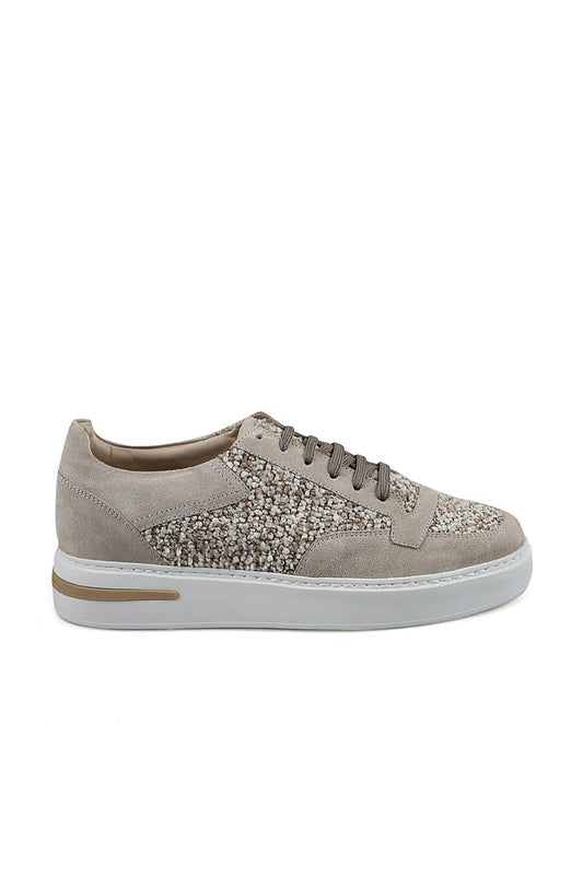 Beige 100% Leather Sports Shoe With Seam Sole Sneaker