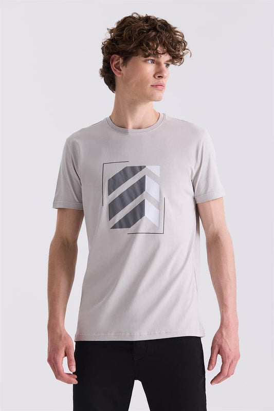 Grey Slim Fit Round Collar T Shirt.