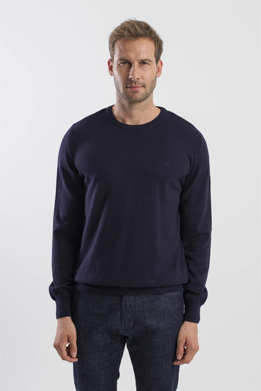 Navy Slim Fit Round Collar Knitted Sweater