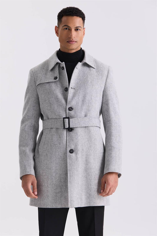 Grey Comfort Fit Shirt Collar Fish Back With Patterned Belt Wool Jacket