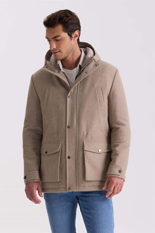 Beige Comfort Fit Wool Jacket With Hood