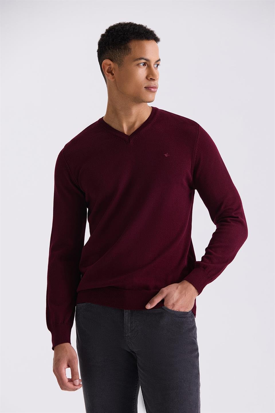 Maroon Slim Fit V Collar Knitted Sweater