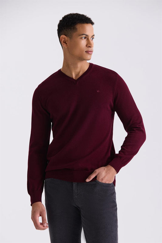 Maroon Slim Fit V Collar Knitted Sweater