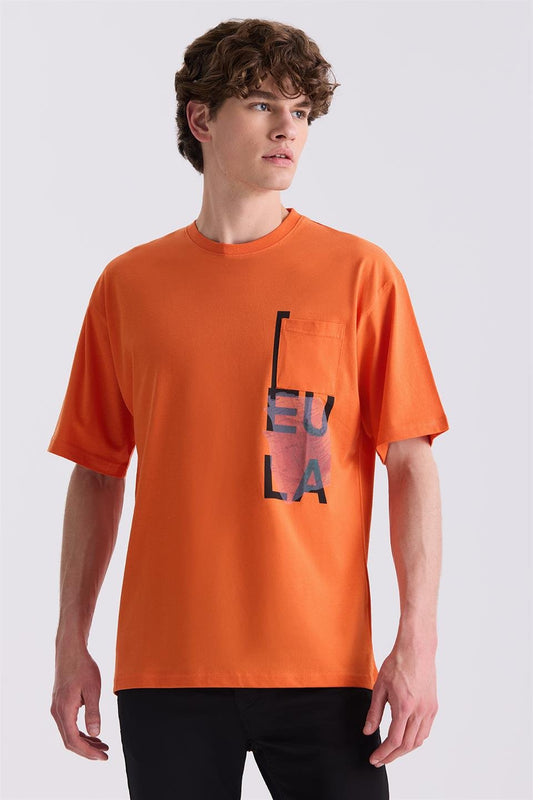 Round Collar T Shirt With Orange Print