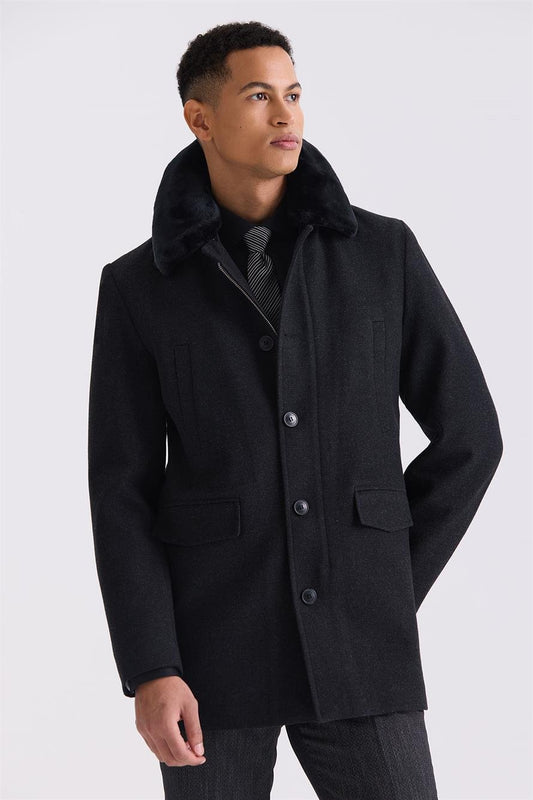 Black Regular Fit Removable Fur Collar Patterned Wool Jacket