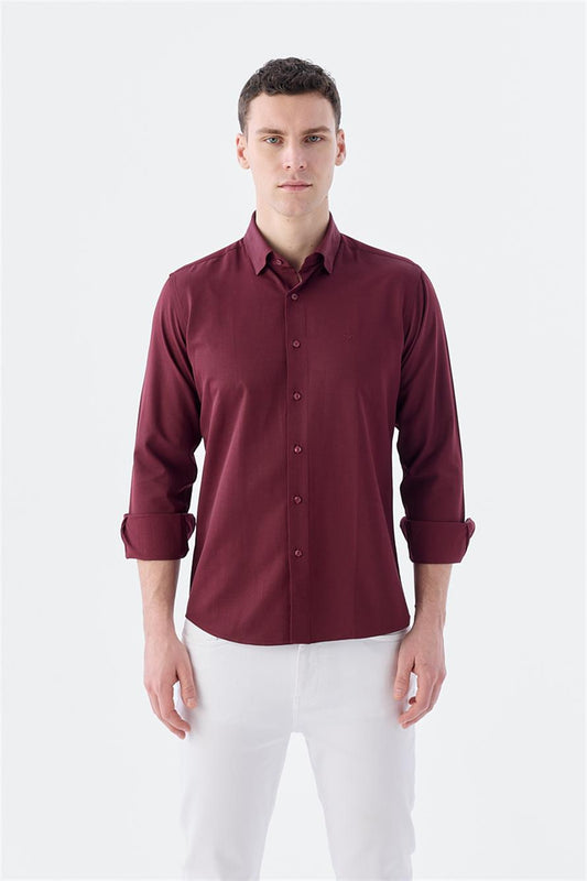 Maroon Slim Fit Patterned Buttoned Collar Cotton Shirt