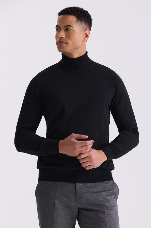 Black Slim Fit Full Sailor Collar Knitted Sweater