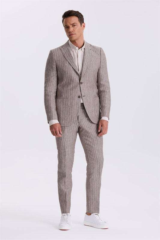 Coffee Slim Fit Squirrel Collar 100% Linen Sports Suit With A Double Tear