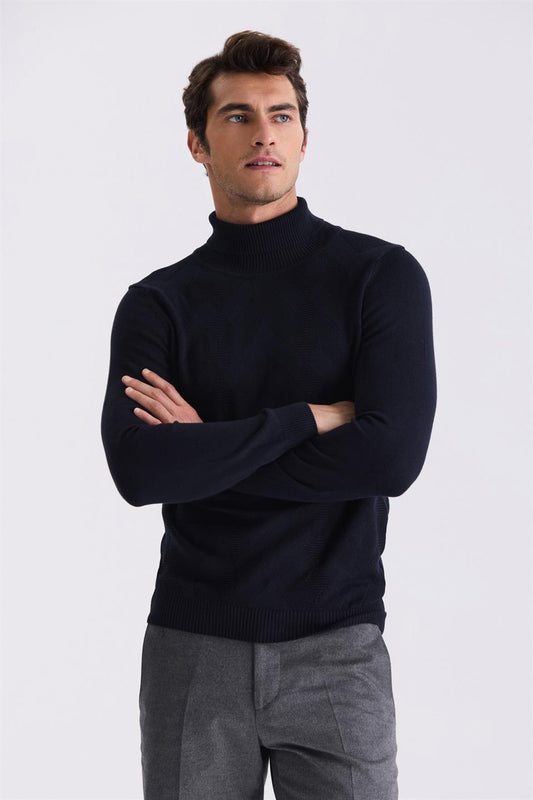 Navy Slim Fit Full Sailor Collar Knitted Sweater With Pattern
