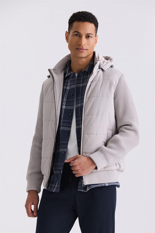 Stone Comfort Fit Knitted Winter Jacket With Hooded Sleeves