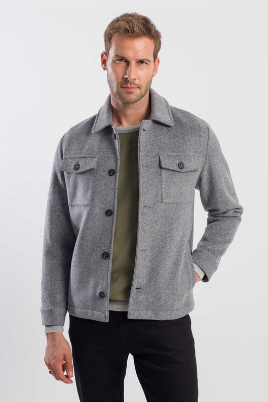 Grey Comfort Fit Baby Collar Wool Jacket