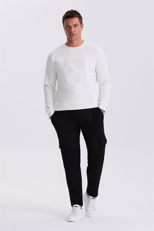 White Slim Fit Round Collar Narrow Cut Printed 100% Cotton Sweatshirt