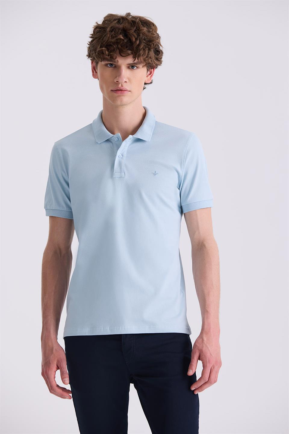 Blue Slim Fit Polo Collar T Shirt.