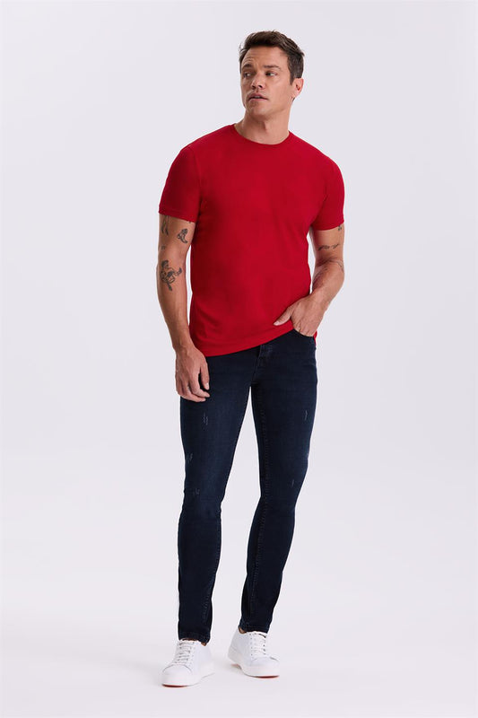 Red 100% Cotton Slim Fit Round Collar Basic T Shirt
