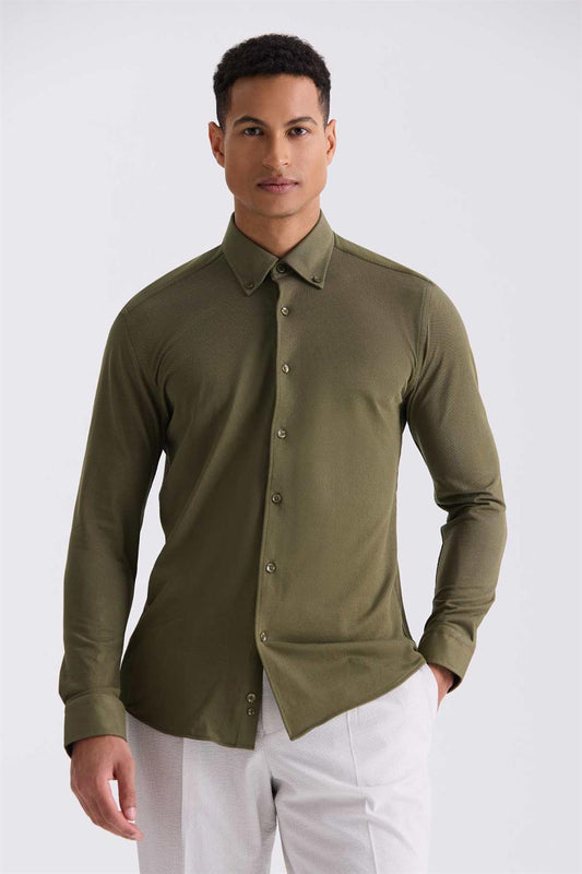 Green Comfort Fit Buttoned Collar Cotton Shirt