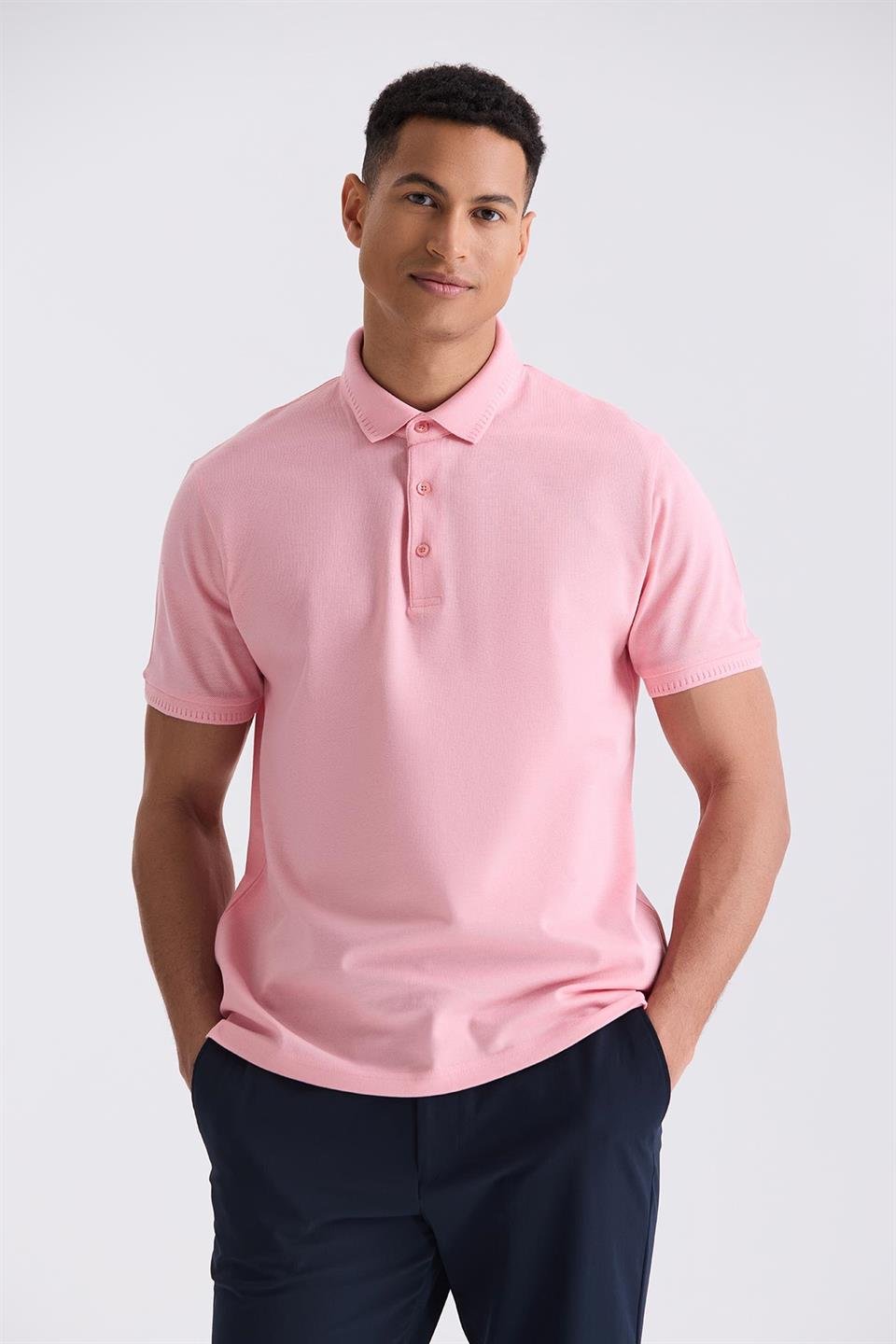 Pink Slim Fit 100% Cotton Mercerize Polo Collar T Shirt