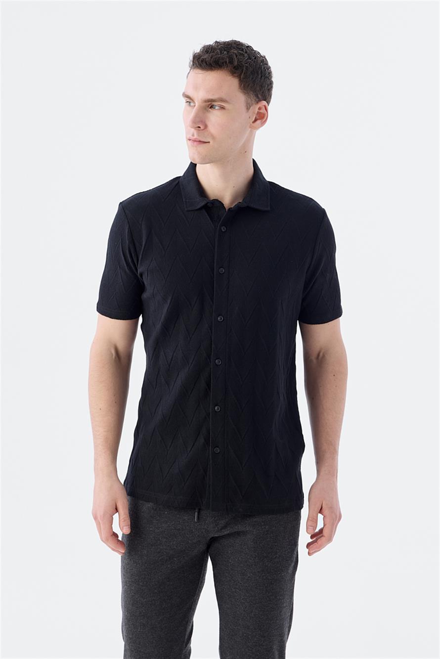 Black Slim Fit Shirt Collar T Shirt