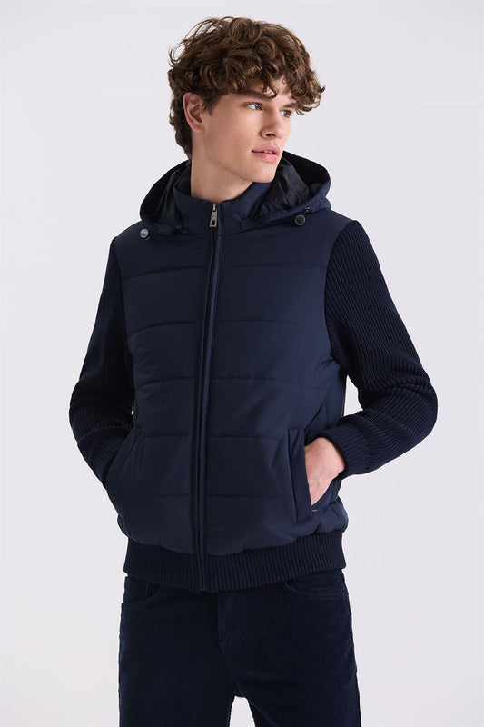 Navy Comfort Fit Hooded Sleeve Knitted Winter Jacket