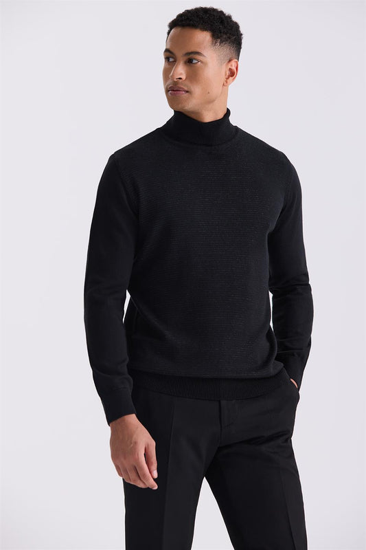 Black Slim Fit Full Sailor Collar Knitted Sweater