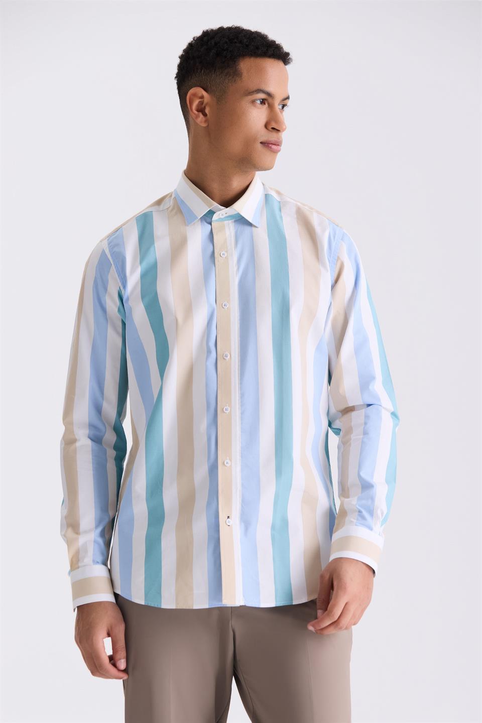 100% Cotton Shirt With Beige Slim Fit Stripes