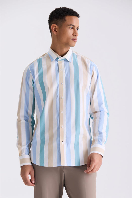 100% Cotton Shirt With Beige Slim Fit Stripes