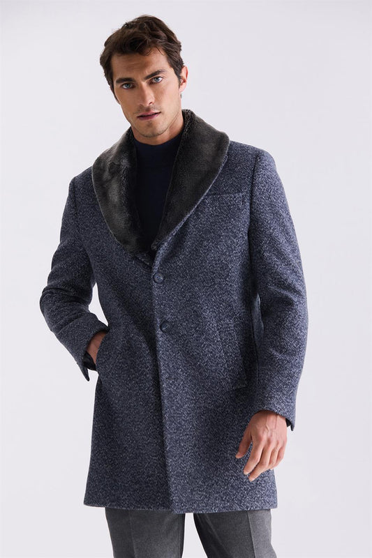 Dark Navy Regular Fit Removable Fur Collar Patterned Wool Jacket