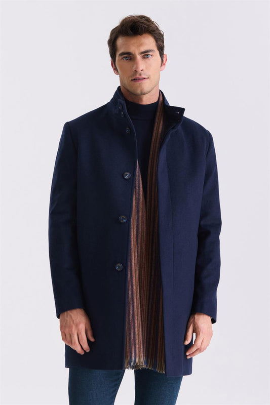 Navy Slim Fit Flat Collar Fish Backed Sports Jacket With Patterned Wool