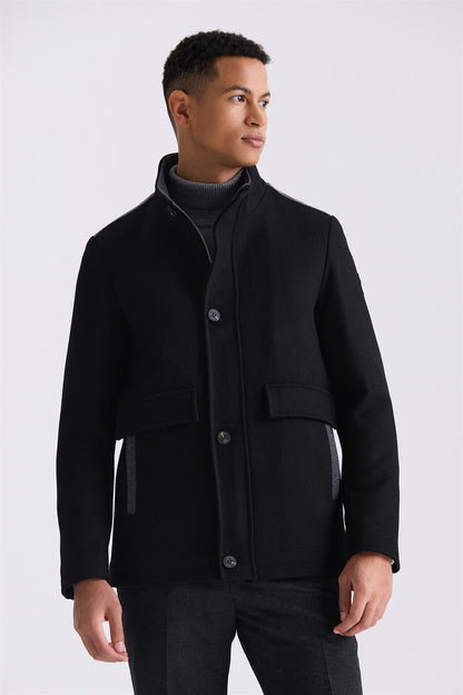Black Regular Fit Judge Collar Sports Jacket With Wool