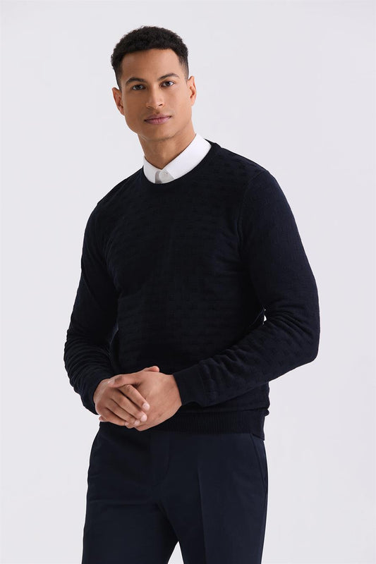 Navy Slim Fit Round Collar Knitted Sweater With Pattern