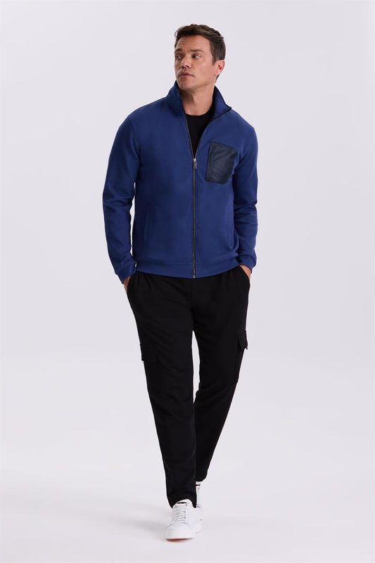 Indigo Slim Fit Cotton Lycra Tracksuit With A Zipper On The Top