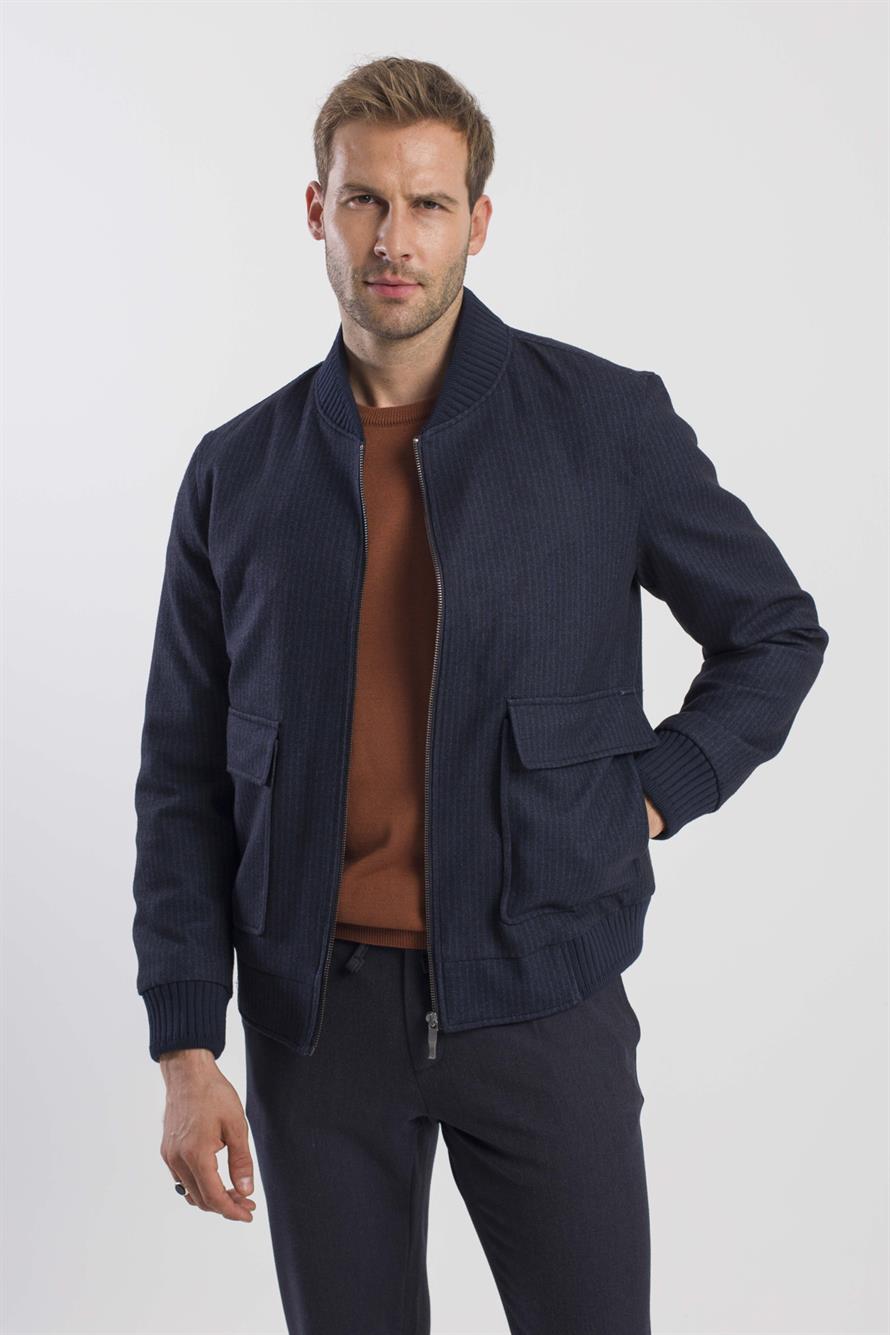 Navy Comfort Fit College Collar Striped Jacket